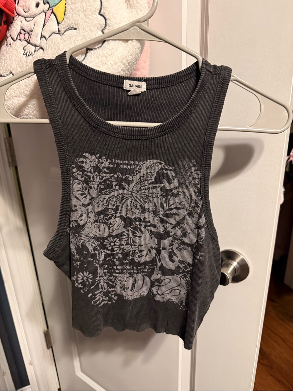 Garage Black Ribbed Cropped Tank with Faded Gray Floral Graphic